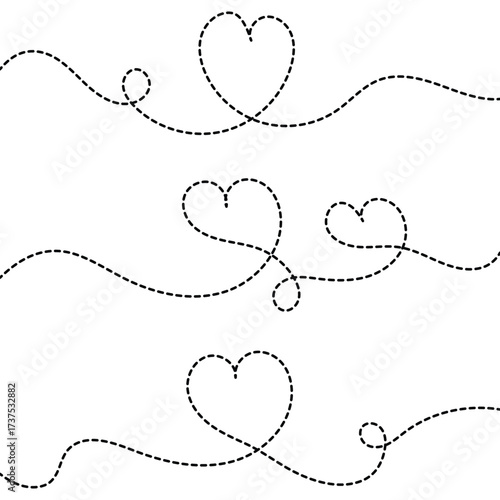 Dotted line heart path. Set of love decorative elements, romantic dashed lines for Valentine's Day, for wedding or anniversary. Wavy Dashed Curvy Line, Loopy Squiggle Path, Decorative Wave Border.