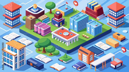 An isometric school campus featuring classrooms, bookshelves, blackboards, library rooms, university building, academic facilities, study materials, learning environment, digital training tools, 