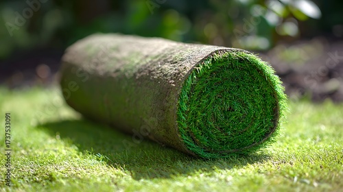 Rolled section of freshly cut green sod rests on a bed of grass, showcasing the neatly coiled end with vibrant green blades, providing a visual of landscaping and gardening in an outdoor environment.