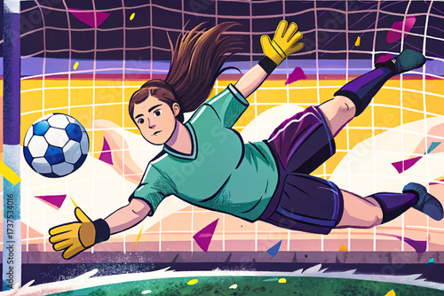 "A skilled female soccer goalkeeper leaping into the air for a dramatic save, reaching to catch the ball, presented against an isolated background, created in detailed vector style