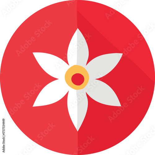 Stylized white daffodil flower icon symbol with yellow center set inside red circle flat design style
