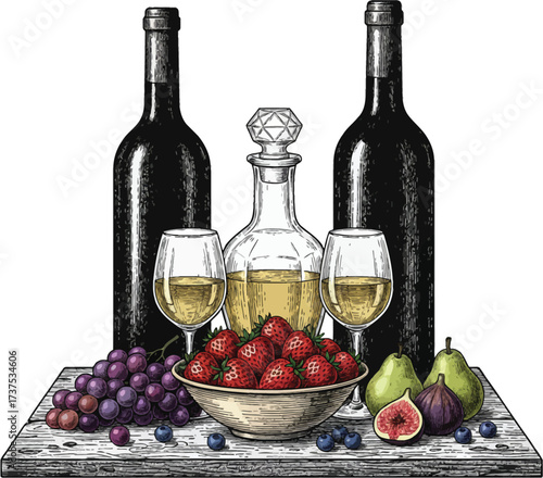 Red wine and grapes with cheese in a still life setting