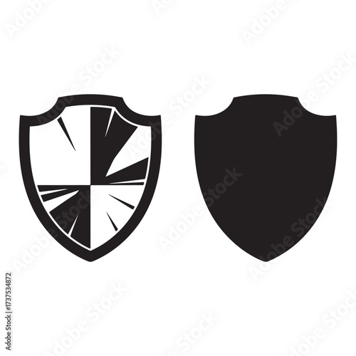 Vector art of two shield emblems, one detailed, one solid black, silhouette art design