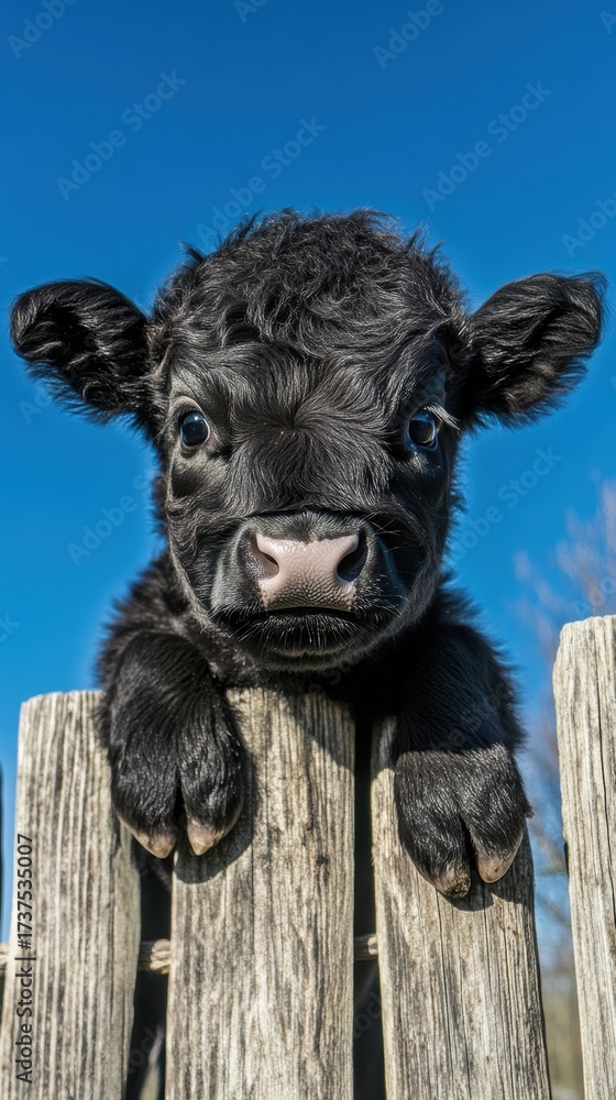 Fototapeta premium Black Calf Leaning on Fence Against Blue Sky 