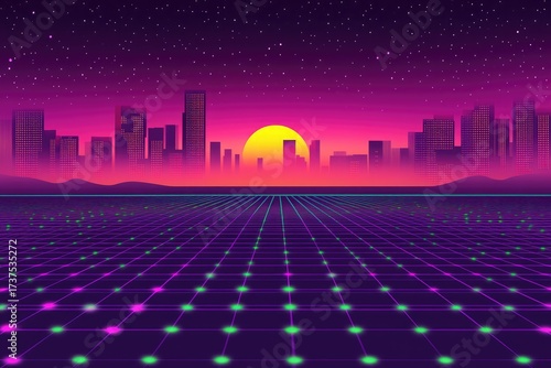 Retro city grid. Sunset & starry night, neon lights below