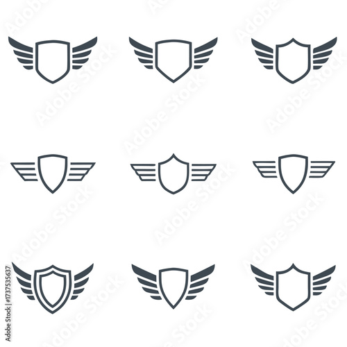 Nine dark grey shield and wing icons on white background emblem crest