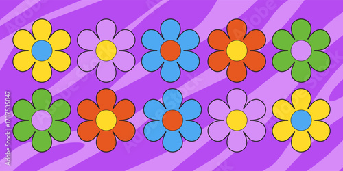 Collection of 70s poster, banner, cover, card. background . Set of retro wall decoration, groovy, trippy, colorful line. Vintage hippie wall art for interior, decorative, dots flayer simple and trendy