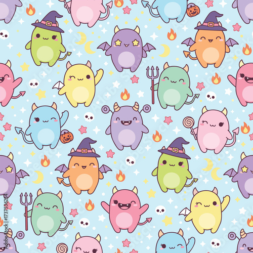 Playful Halloween Seamless Pattern with Spooky Cute Kawaii Demons - Vector Textile Background