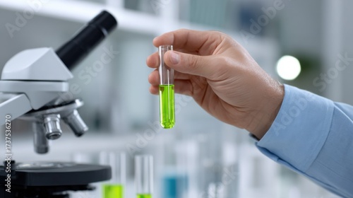 Scientist in Laboratory Holding Vibrant Green Liquid in Beaker Surrounded by Glassware and Equipment Creating a Focused Experimental Atmosphere