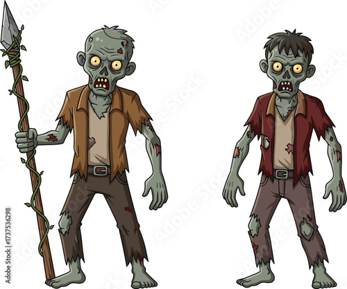 Creepy cartoon zombie holding wooden spear weapon with scary undead expression, spooky monster character in tattered clothes, horror apocalypse Halloween illustration