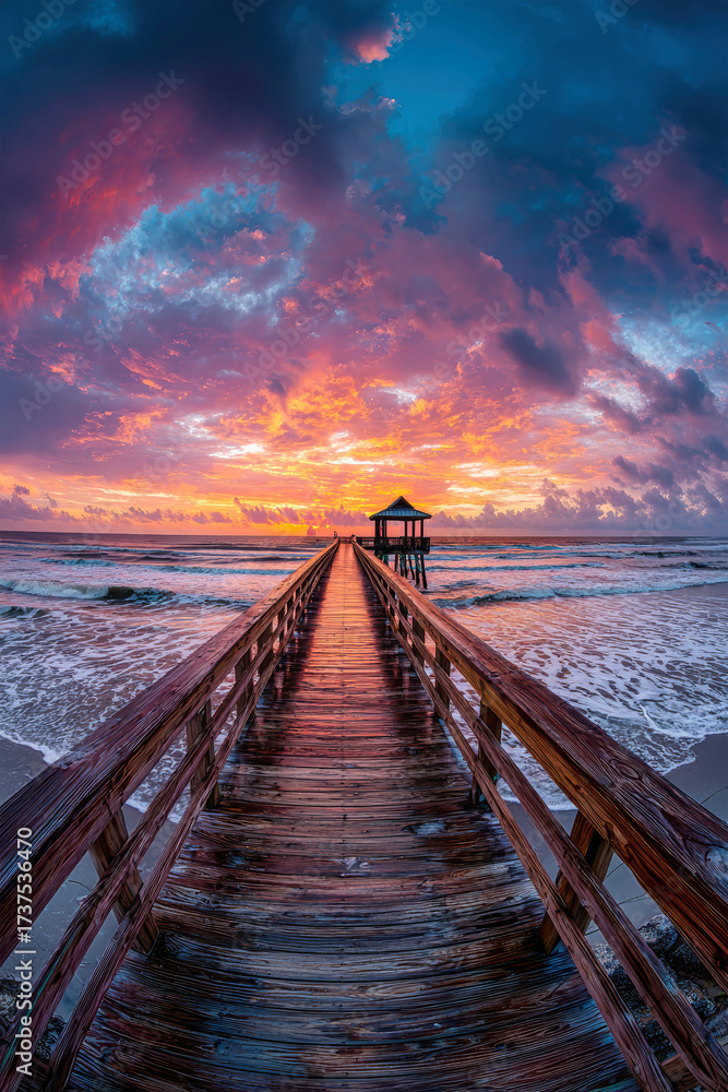 Fototapeta premium Colorful sunset at a wooden pier leading to a tranquil beach pavilion