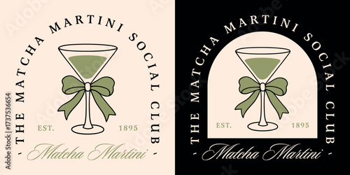Matcha martini cocktail lovers club logo girls night birthday bachelorette halloween New Year party. Green tea theme glass with bow drawing coquette fancy aesthetic social event funny shirt design.