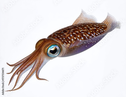 Vibrant Squid with Striking Blue Eye and Intricate Brown Tentacles Swimming Gracefully in the Depths of the Ocean Capturing Marine Beauty and Diversity