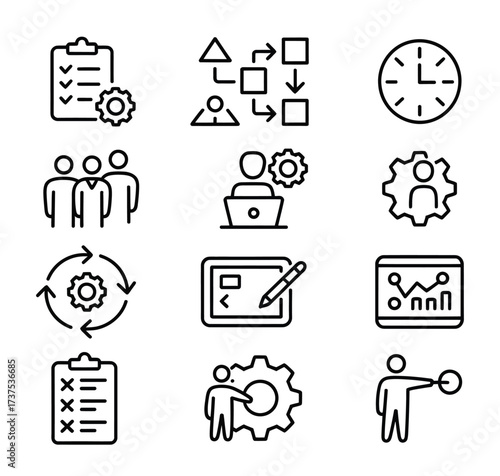Project management line icons for workflow and business organization concept