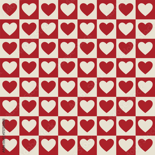 abstract square seamless pattern with cute  heart. Retro floral red background surface design, textile, print, wrapp paper, cover. vector art illustration.