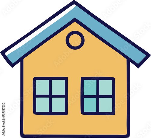 Simple yellow house icon with blue roof and two square windows perfect for real estate and design projects
