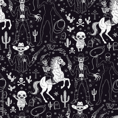 Spooky Halloween Seamless Pattern with Minimalist Monochrome Zombie Cowboy Sketches - Vector Background