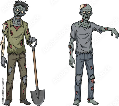 Cartoon zombie characters illustration, creepy undead monsters, horror Halloween artwork, scary walking dead figures, spooky graveyard creatures, undead apocalypse design