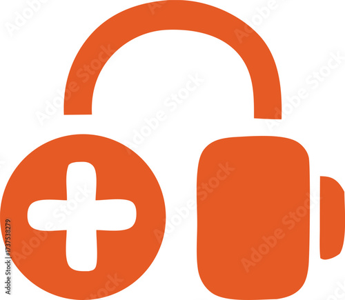 Orange icon headphones with plus symbol representing audio services music listening and sound addition concepts