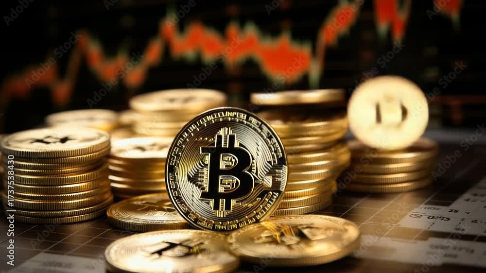 Golden bitcoin cryptocurrency coins falling onto stacks against a blurred stock market trading chart, representing investment, finance, and the fluctuating value of digital currency