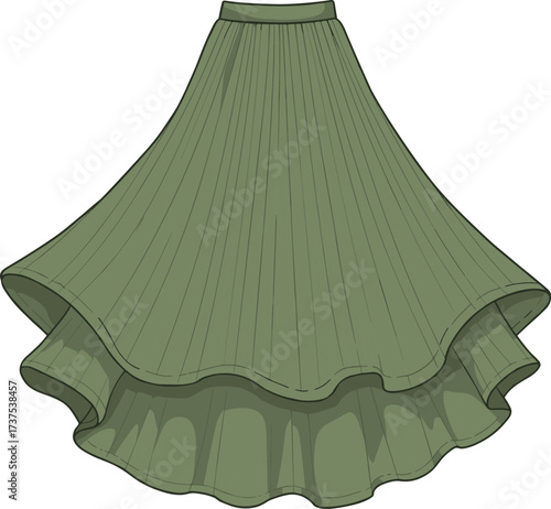 Green flared skirt flat sketch, high waist pleated hem cad drawing, vector fashion illustration, technical garment design for template