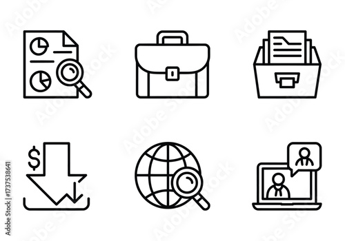 Business analytics global report data finance office icon set