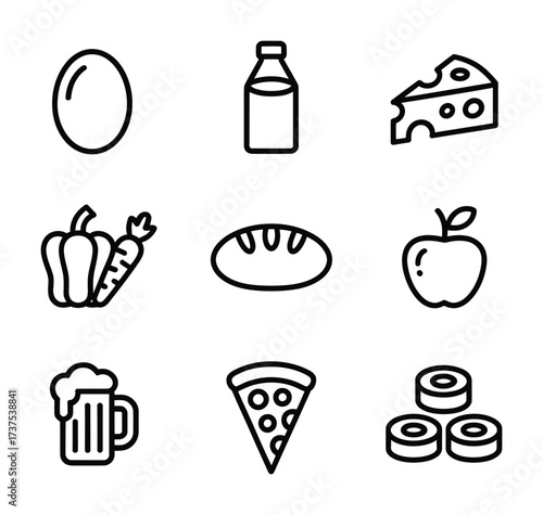 Food ingredients snacks bakery pizza cooking meal icon pack