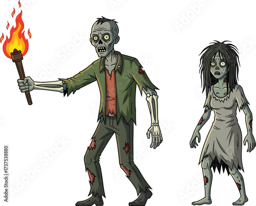 Cartoon scary zombies illustration with fire torch, creepy undead characters, horror Halloween design, spooky monster artwork, frightening zombie apocalypse drawing