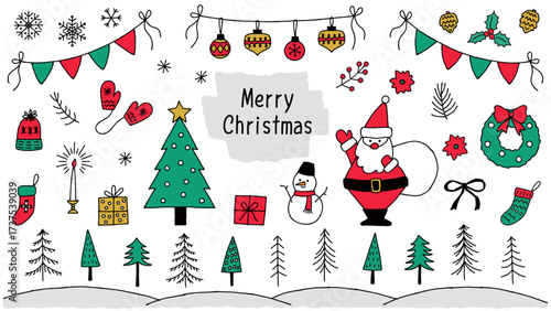Xmas-5　クリスマスの装飾。手描きのクリスマスのあしらいセット。かわいい冬のイラスト。