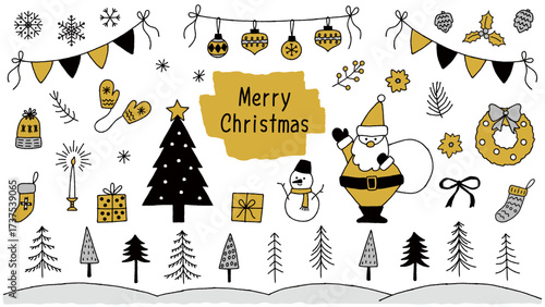 Xmas-6　クリスマスの装飾。手描きのクリスマスのあしらいセット。かわいい冬のイラスト。