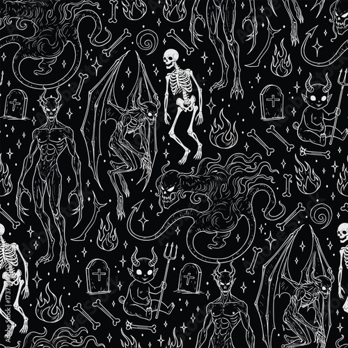 Spooky Halloween Seamless Pattern with Minimalist Monochrome Demon Sketches - Vector Background