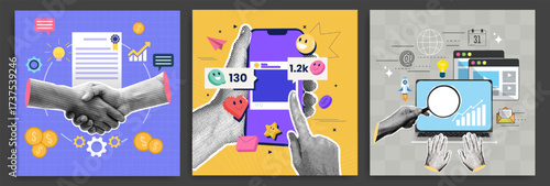 Set of social media business marketing banner post with halftone hand sticker, infographic, torn paper texture, mobile phone, light bulb idea symbol, computer laptop and finance icon. Web background.