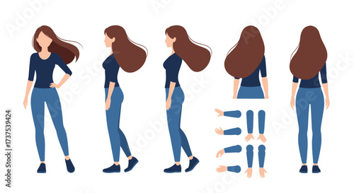 A woman shown from different angles with separate body parts for animation purposes.