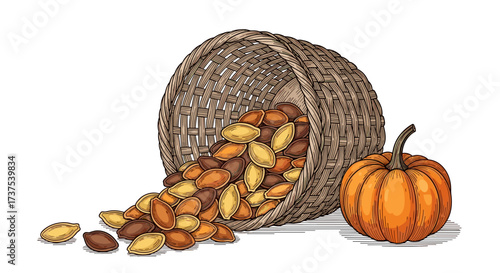 Roasted pumpkin seeds spilling from basket with pumpkin beside
