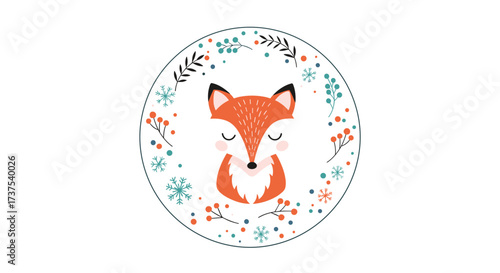 A cute cartoon fox with closed eyes surrounded by a festive floral and berry wreath.