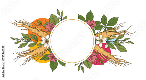 Herbal root and flower design with a central empty circle for text.