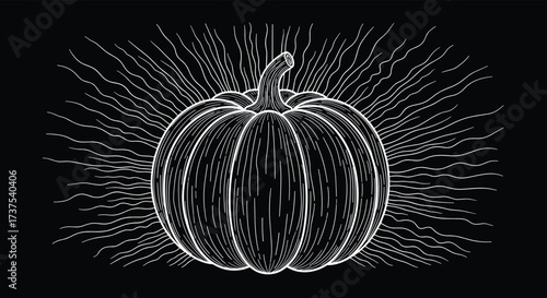 A Glowing Outline of a Pumpkin with Light Streaks Emanating Outward on a Dark Background.