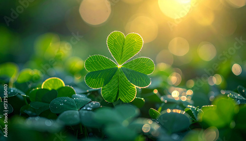 Clover with four leaves among green clovers, glowing sunlight, symbol of prosperity and good luck