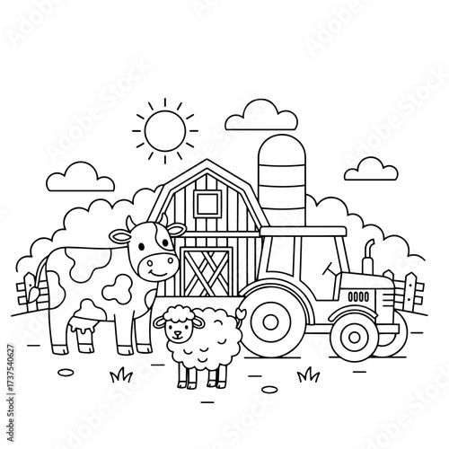 Black-and-white line art of a farm with cow, sheep, tractor, barn, and silo. Ideal for kids’ coloring books, activity sheets, or DIY painting packs.