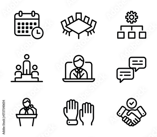 Business meeting and conference icon set in modern outline vector style