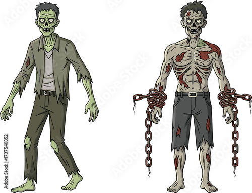 Scary cartoon zombie character, creepy undead monster illustration, chained horror creature artwork, spooky Halloween design, apocalypse walking dead, haunted scary evil drawing