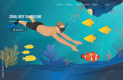 Coral Reef Snorkeling vector illustration with abstract nature elements, including lifestyle, character, and background. Ideal for sport, hobby, and landscape content.