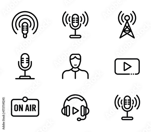 Podcast and radio broadcast icon set with microphone and communication symbols