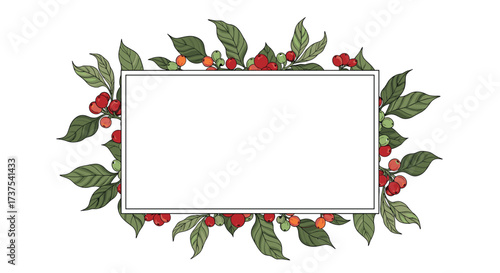 A festive border design featuring green leaves and red berries surrounding a blank white rectangular space for text or images.