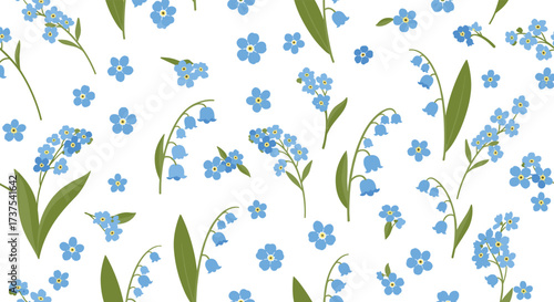 Delicate blue forget me nots and lily of the valley flowers scattered across a white background.