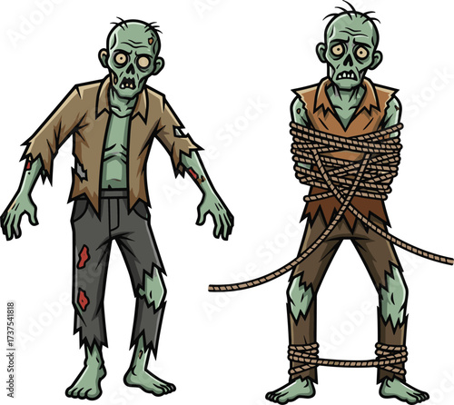 Scary cartoon zombie character, creepy undead monster illustration, tied with rope, spooky horror artwork, Halloween design, apocalypse creature, haunted scary drawing