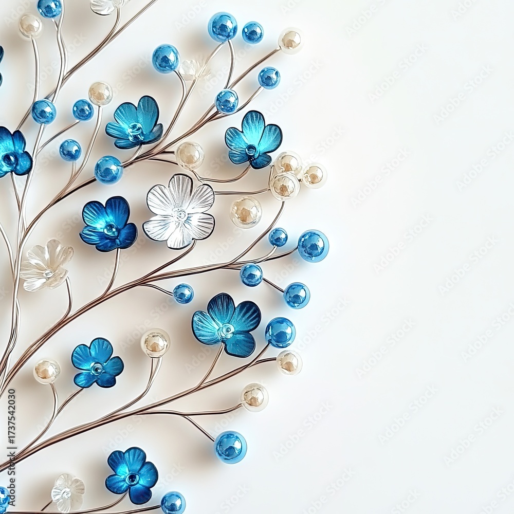 Obraz premium Floral branch blue flowers, pearl beads on white