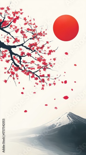 Minimalist Cherry Blossom Branch with Red Sun

