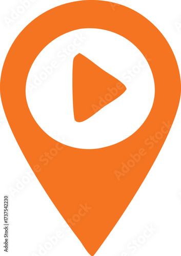 Orange location pin icon with white circle and orange play button for navigation and media content discovery