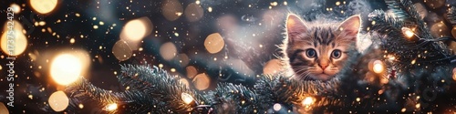 Cozy Christmas Kitten Peeking Through Snowy Fir Branches